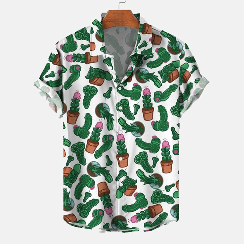 Hawaiian Shirt Fun Cactus Cocks Print Casu