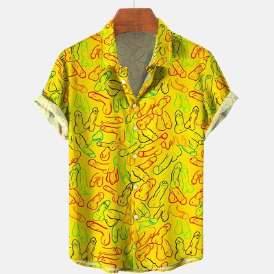 Hawaiian Fun Watercolor Colorful Cocks Print Casual Short Sleeve Shirt