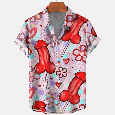 Hawaiian Fun Cock Lollipops Print Casual Short Sleeve Shirt