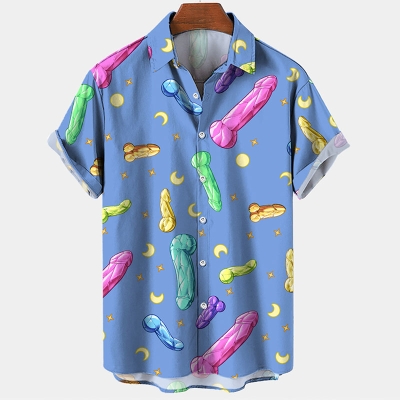 Fun Colorful Cocks Printed Short Sleeve Shirt