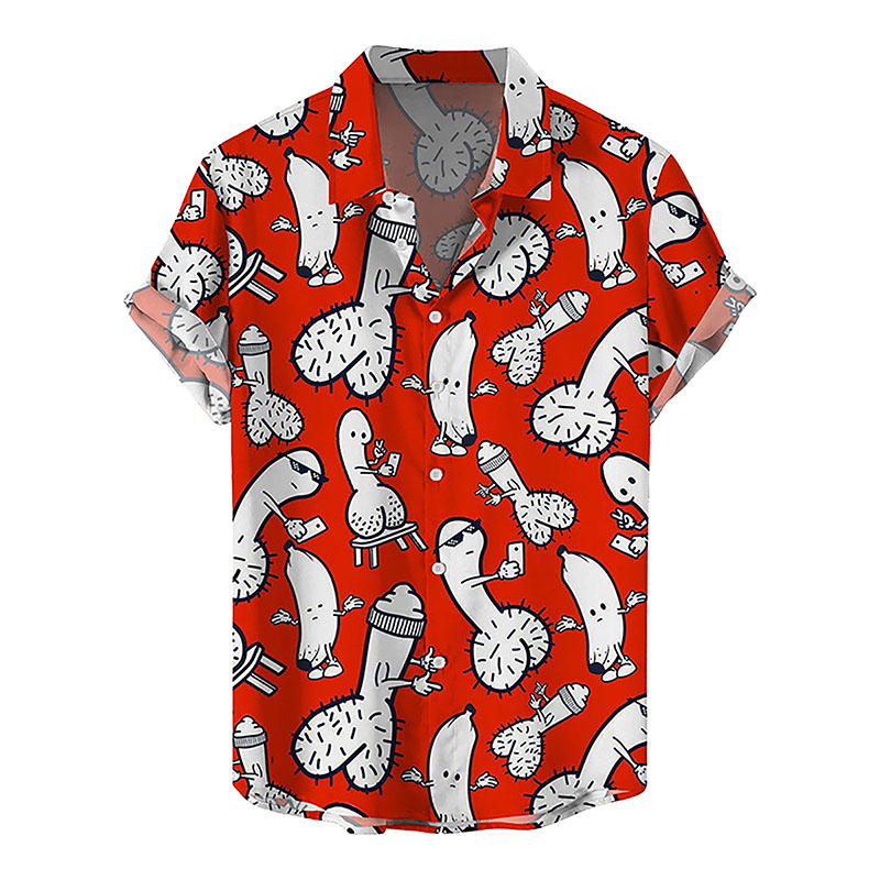 Fun Fountain Cocks Print Short Sleeve Shirt