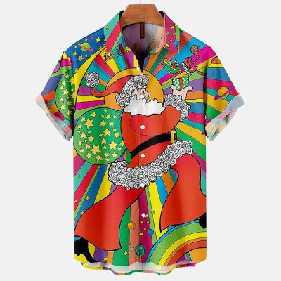 Christmas Hippie Santa Print Short Sleeve Shirt