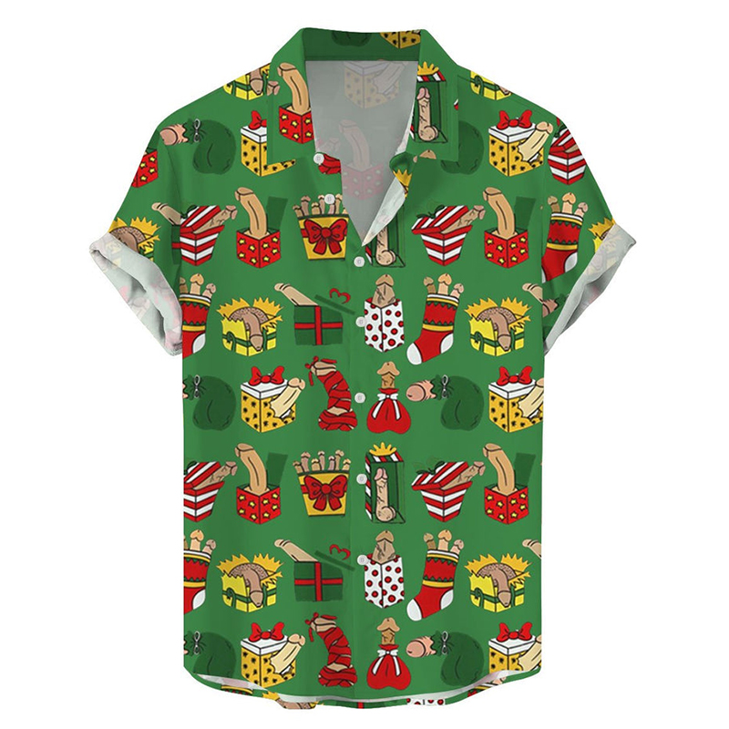 Fun Christmas Gift Box Print Short Sleeve Shirs