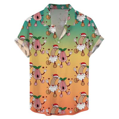 Fun Christmas Cocks Print Casual Short Sleeve Shirt