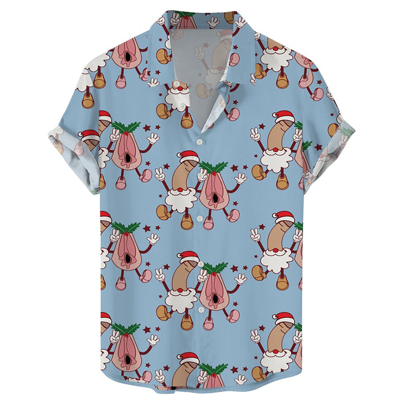 Fun Christmas Cocks Print Casual Short Sleeve Shirt