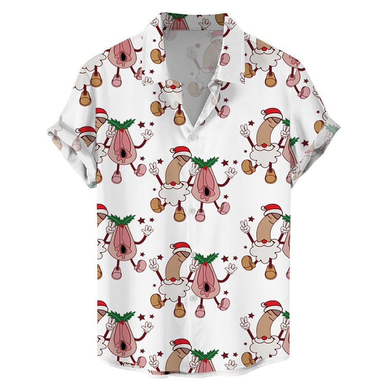 Fun Christmas Cocks Print Casual Short Sleeve Shirt