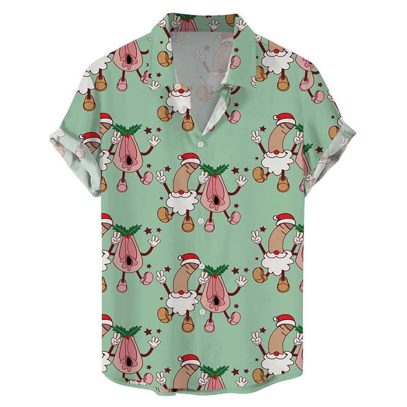 Fun Christmas Cocks Print Casual Short Sleeve Shirt