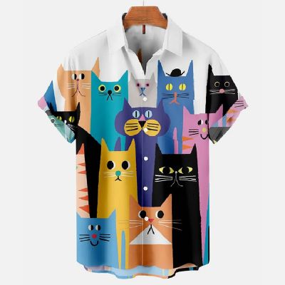 Fun Cartoon Cat Printed Pocket Short Sleeve Shirt