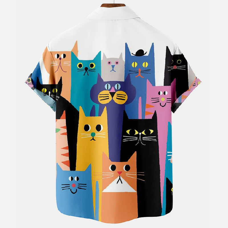 Fun Cartoon Cat Printed Pocket Short Sleeve Shirt