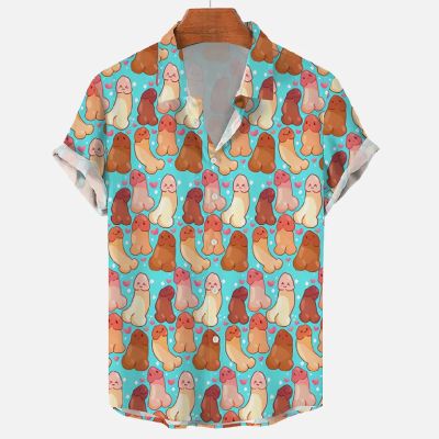 Cartoon Cocks Print Hawaiian Short Sleeve Shirt