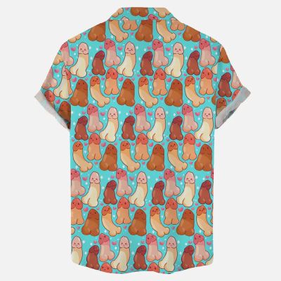 Cartoon Cocks Print Hawaiian Short Sleeve Shirt