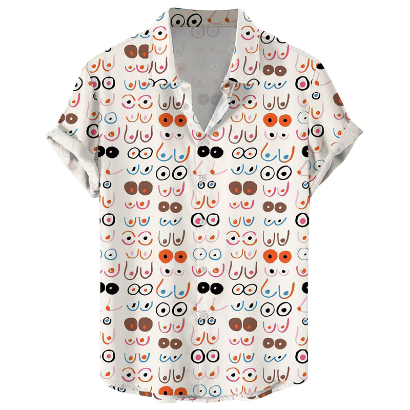 Colorful Checked Boobs Print Casual Short-Sleeved Shirt