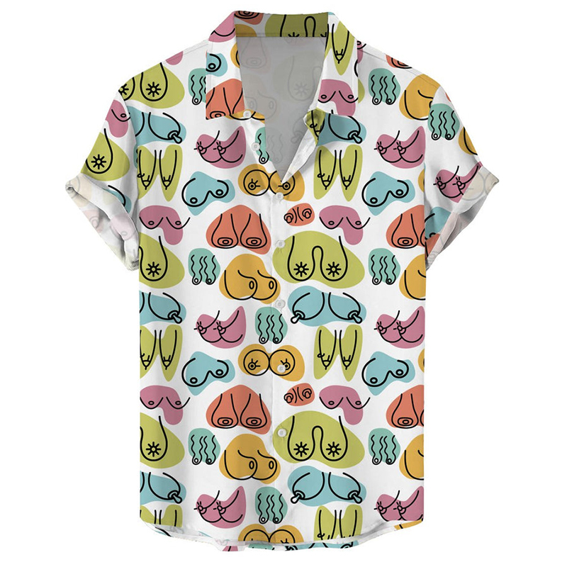 Colorful Checked Boobs Print Casual Short-Sleeved Shirt