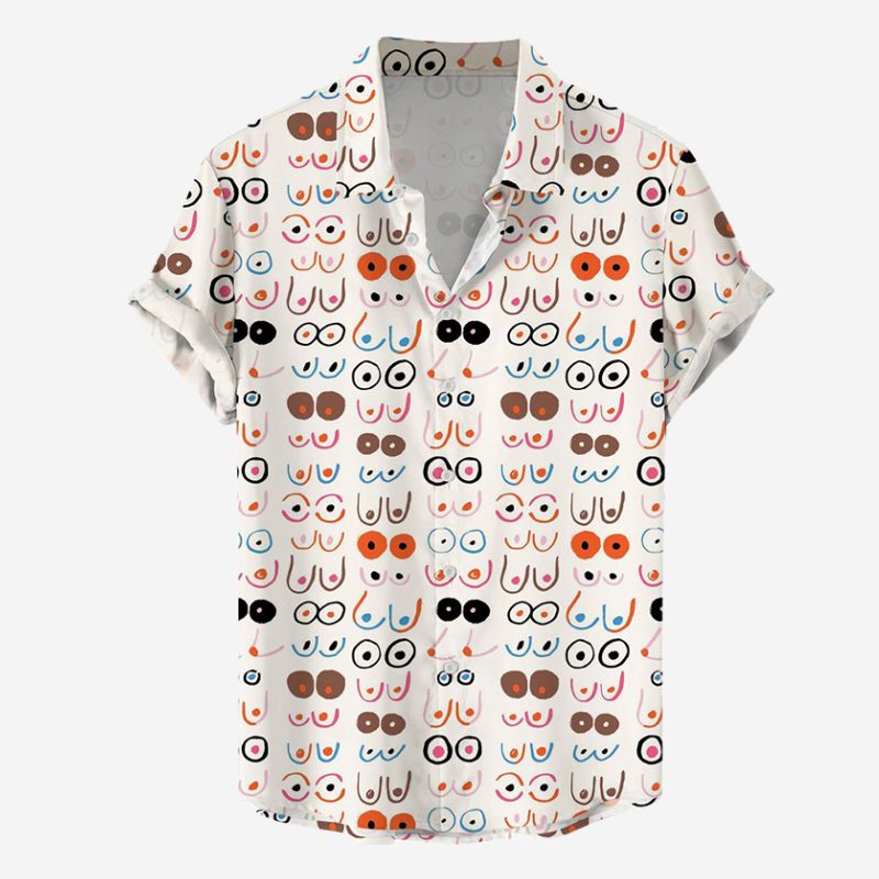 Colorful Checked Boobs Print Casual Short-Sleeved Shirt