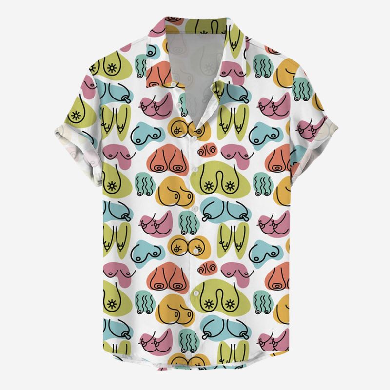 Colorful Checked Boobs Print Casual Short-Sleeved Shirt