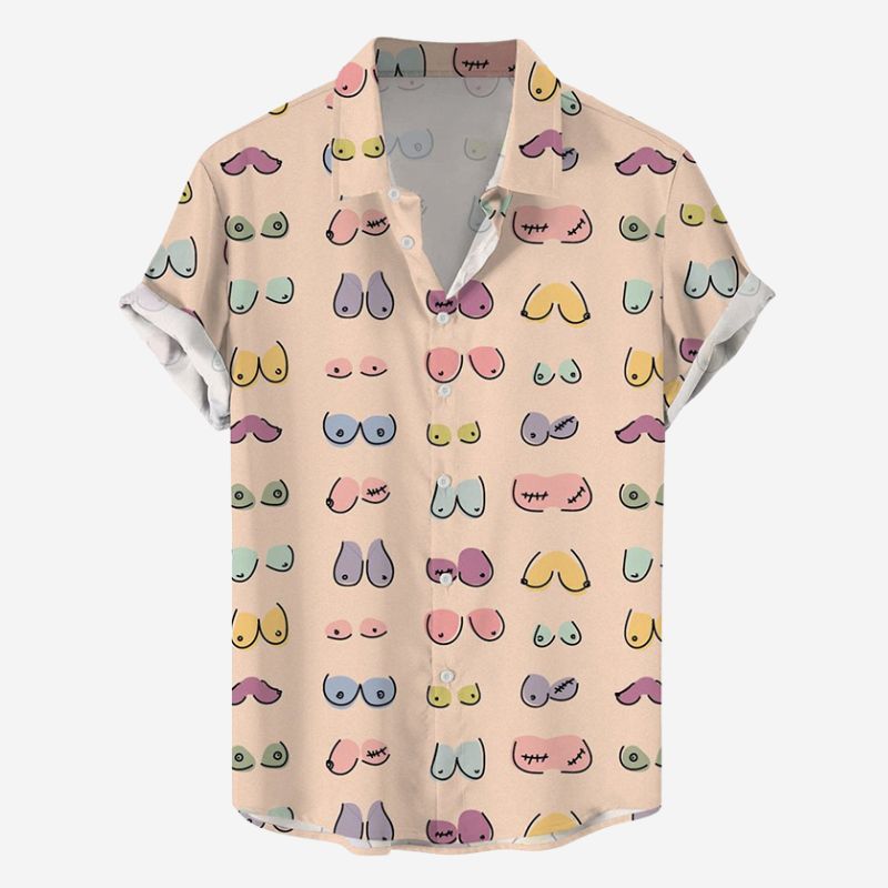 Colorful Checked Boobs Print Casual Short-Sleeved Shirt