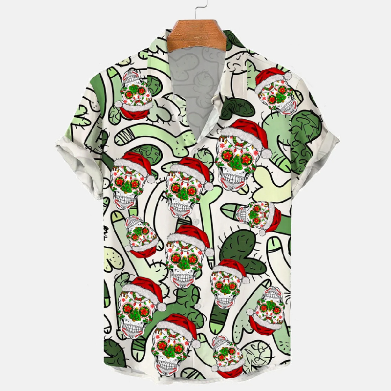 Xmas Colored In Cock Doodles Print Casual Short Sleeve Shirt