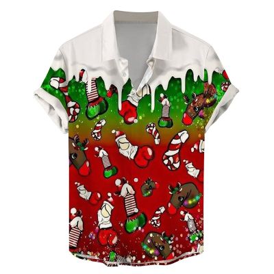 Colorful Christmas Cocks Print Casual Short-Sleeved Shirt