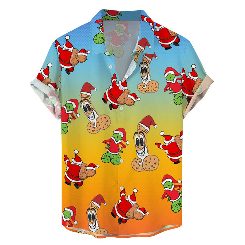 Colorful Christmas Cocks Print Casual Short-Sleeved Shirt