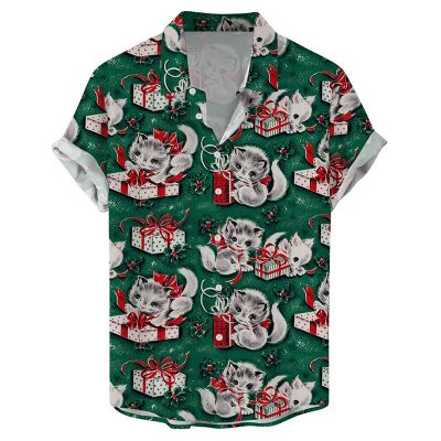 Gift Santa Print Casual Hawaiian Short Sleeve Shirt