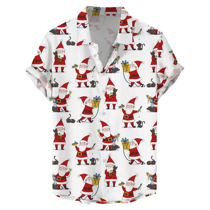 Gift Santa Print Casual Hawaiian Short Sleeve Shirt