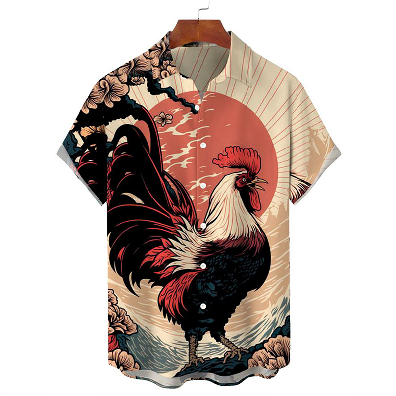 Vintage Ukiyoe Rooster Print Hawaiian Shirts