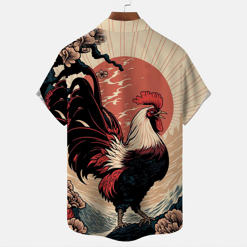 Vintage Ukiyoe Rooster Print Hawaiian Shirts