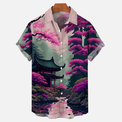 Ukiyo-E Ancient Tree Tower Landscape Printing Short Sleeve Shirt