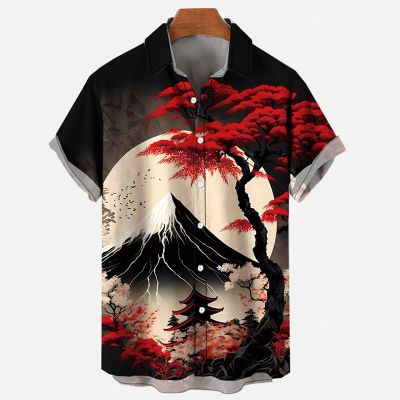 Ukiyo-E Ancient Tree Tower Landscape Printing Short Sleeve Shirt