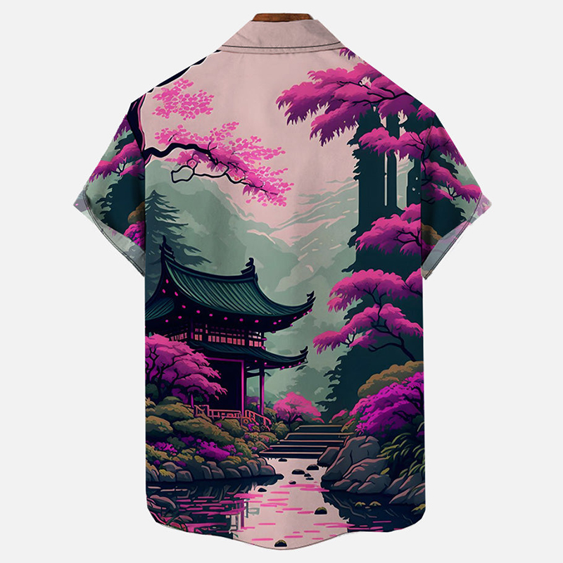 Ukiyo-E Ancient Tree Tower Landscape Printing Short Sleeve Shirt