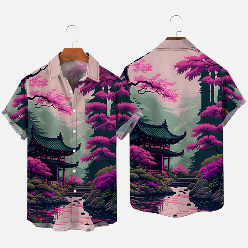 Ukiyo-E Ancient Tree Tower Landscape Printing Short Sleeve Shirt