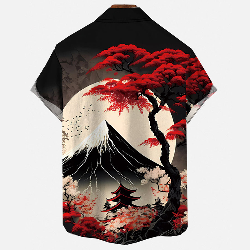 Ukiyo-E Ancient Tree Tower Landscape Printing Short Sleeve Shirt