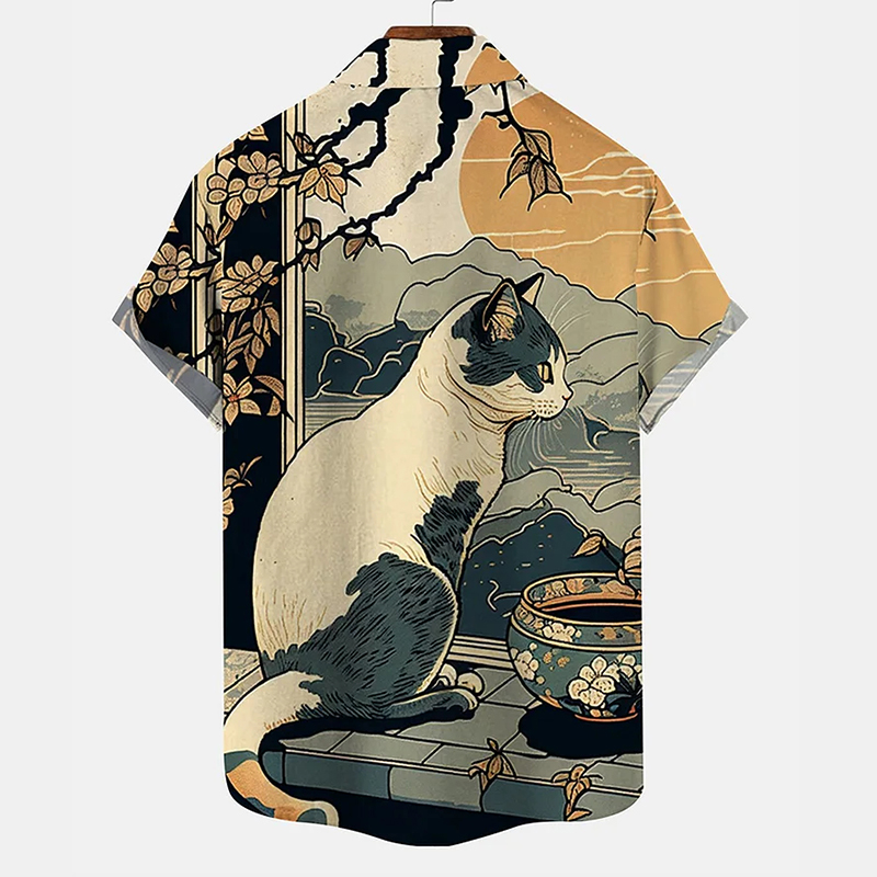 Japanese Ukiyo-e Cat Pussy Casual Printed Short Sleeve Shirt
