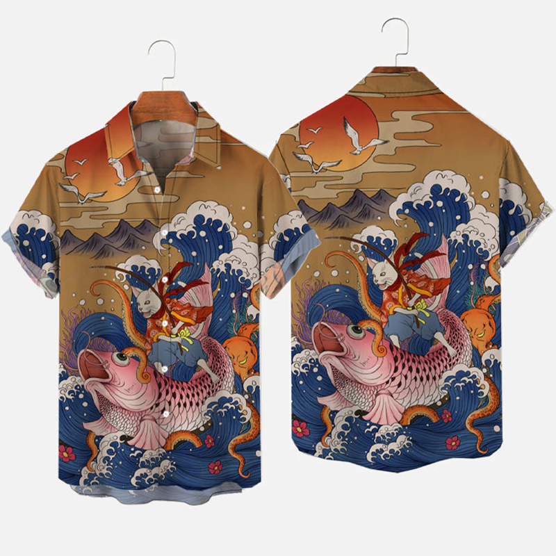 Japanese Ukiyo-e Cat Pussy Casual Printed Short Sleeve Shirt
