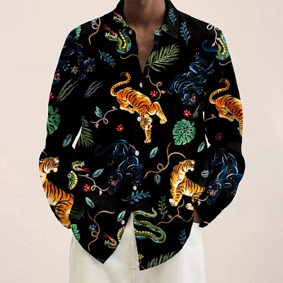 Tropical Animals Print Casual Long Sleeve Hawaiian Shirt