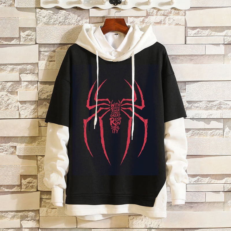 Letter Spider Print Patchwork Hoodie