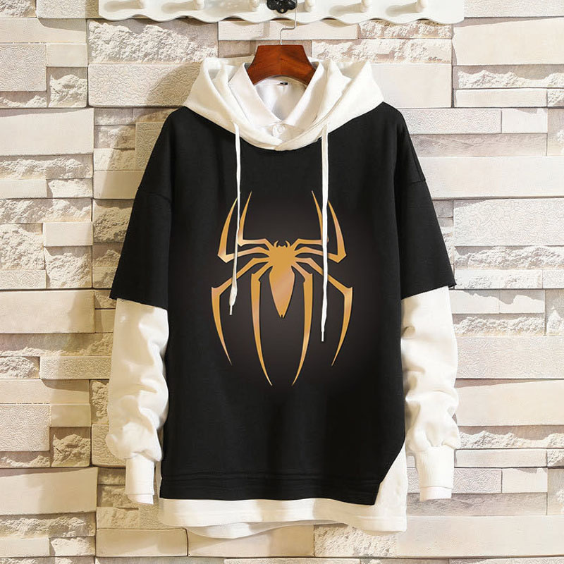 Letter Spider Print Patchwork Hoodie