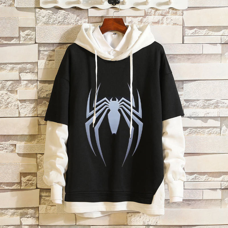 Letter Spider Print Patchwork Hoodie