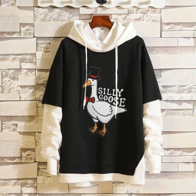 Unisex Goose Print Patchwork Hoodie