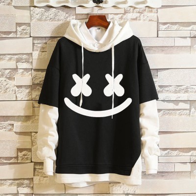 Unisex Smiley Print Patchwork Hoodie