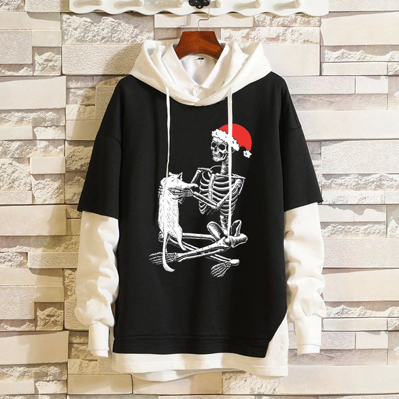 Christmas Skeleton Printed Cotton Patchwork Hoodie