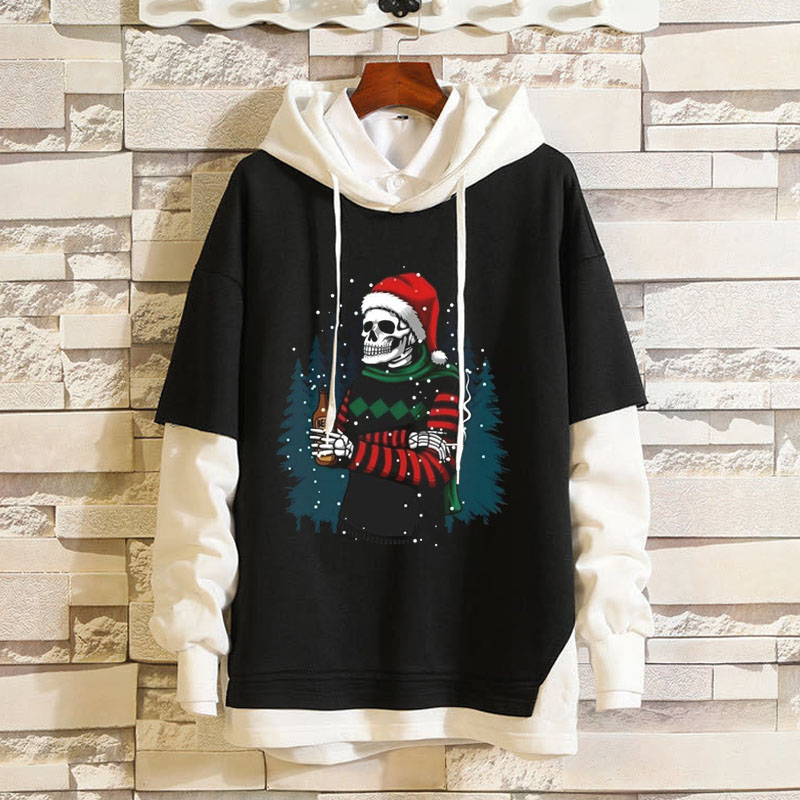 Christmas Skeleton Printed Cotton Patchwork Hoodie