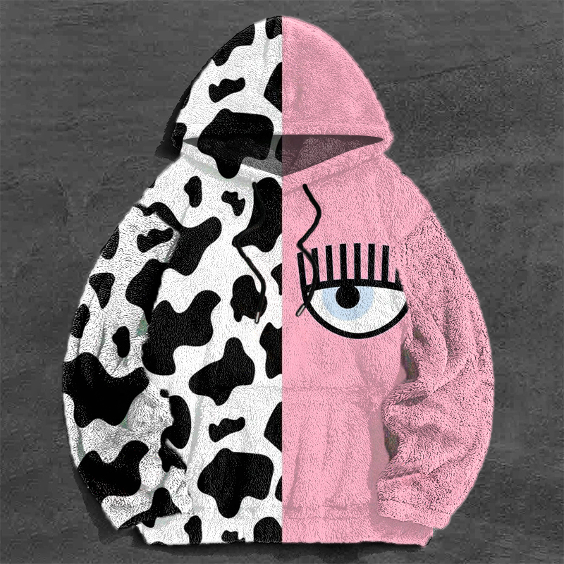 Cow Print Colorblock Print Flannel Hoodie