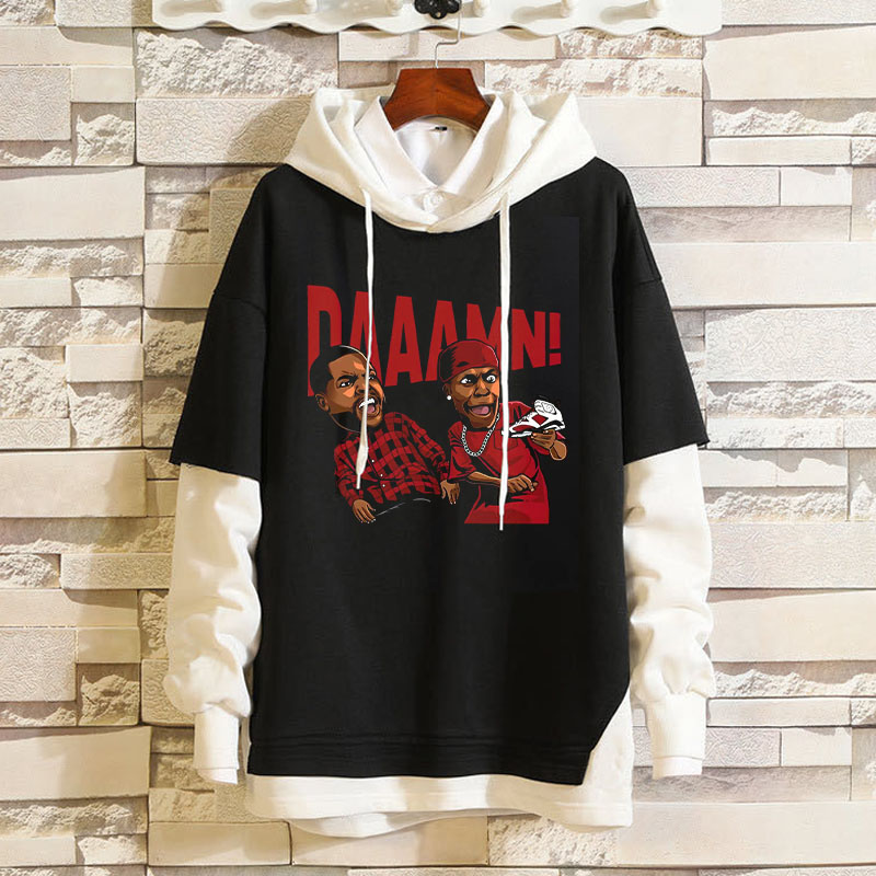 Unisex Damn Print Fake Two Piece Patchwork Hoodie