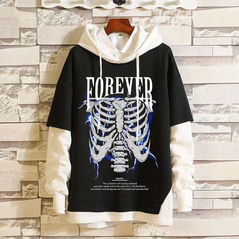 Unisex Skeleton Print Fake Two Piece Patchwork Hoodie