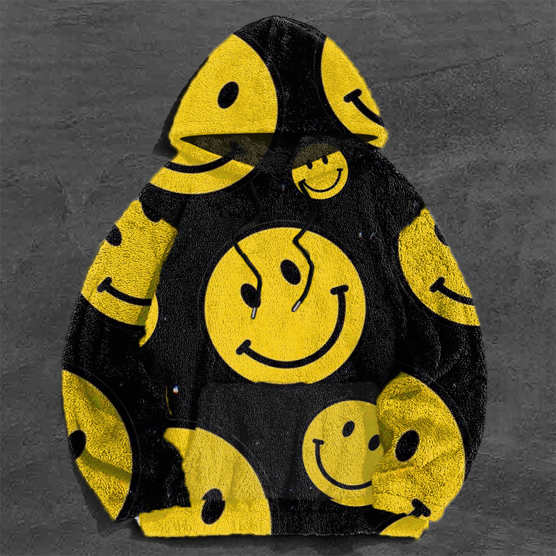 Smiley Face Print Flannel Hoodie