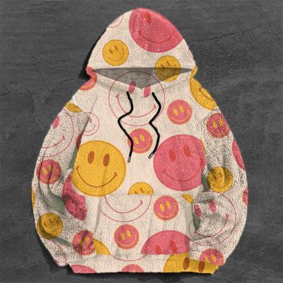 Smiley Face Print Flannel Hoodie