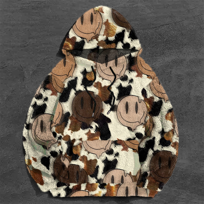 Cow Print Smiley Print Flannel Hoodie