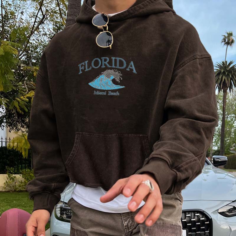 Florida Miami Beach Printed Washed Cotton Hoodie