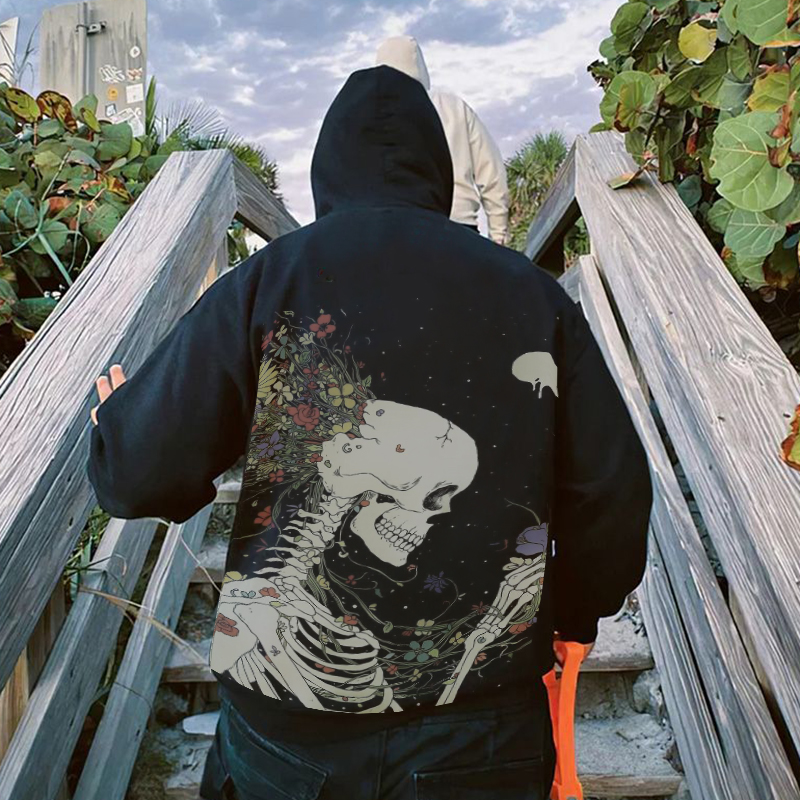 Street Sakura Skull Print Hoodie